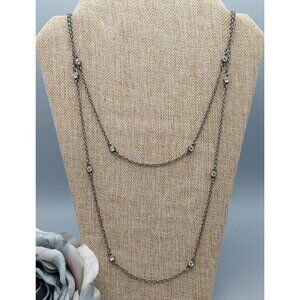 Express Gray Gunmetal Double Layered 34" Chain Necklace Clear Crystal Stations